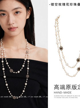 韩系黑金玫瑰花珍珠项链颈链颈饰