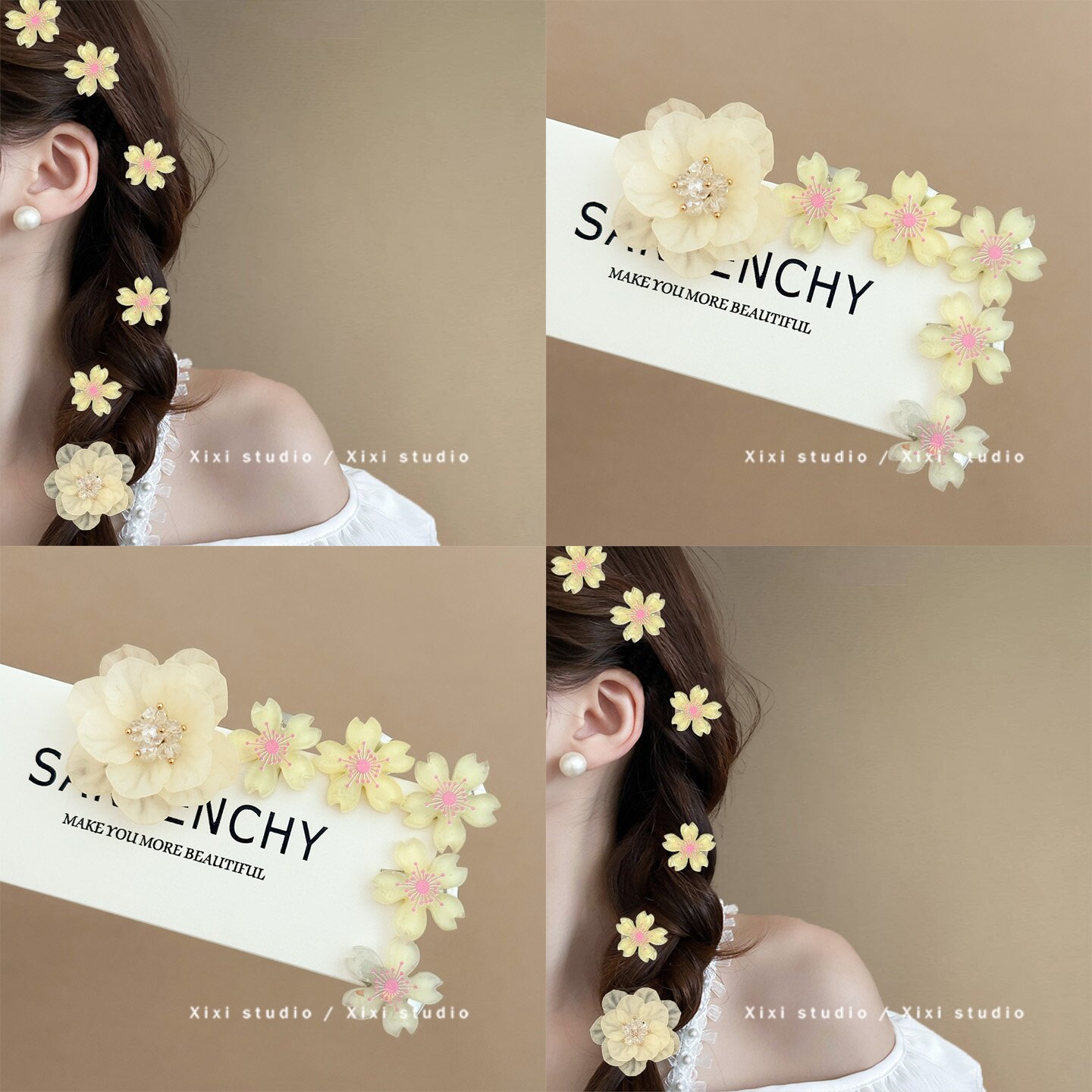 韩版甜美淡黄色樱花发夹女2026新款时尚麻花辫编发头饰侧边夹发饰