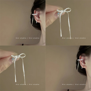 甜甜恋黎 精致蝴蝶结耳环无耳洞耳夹旅行发卡耳饰 银色流苏耳坠
