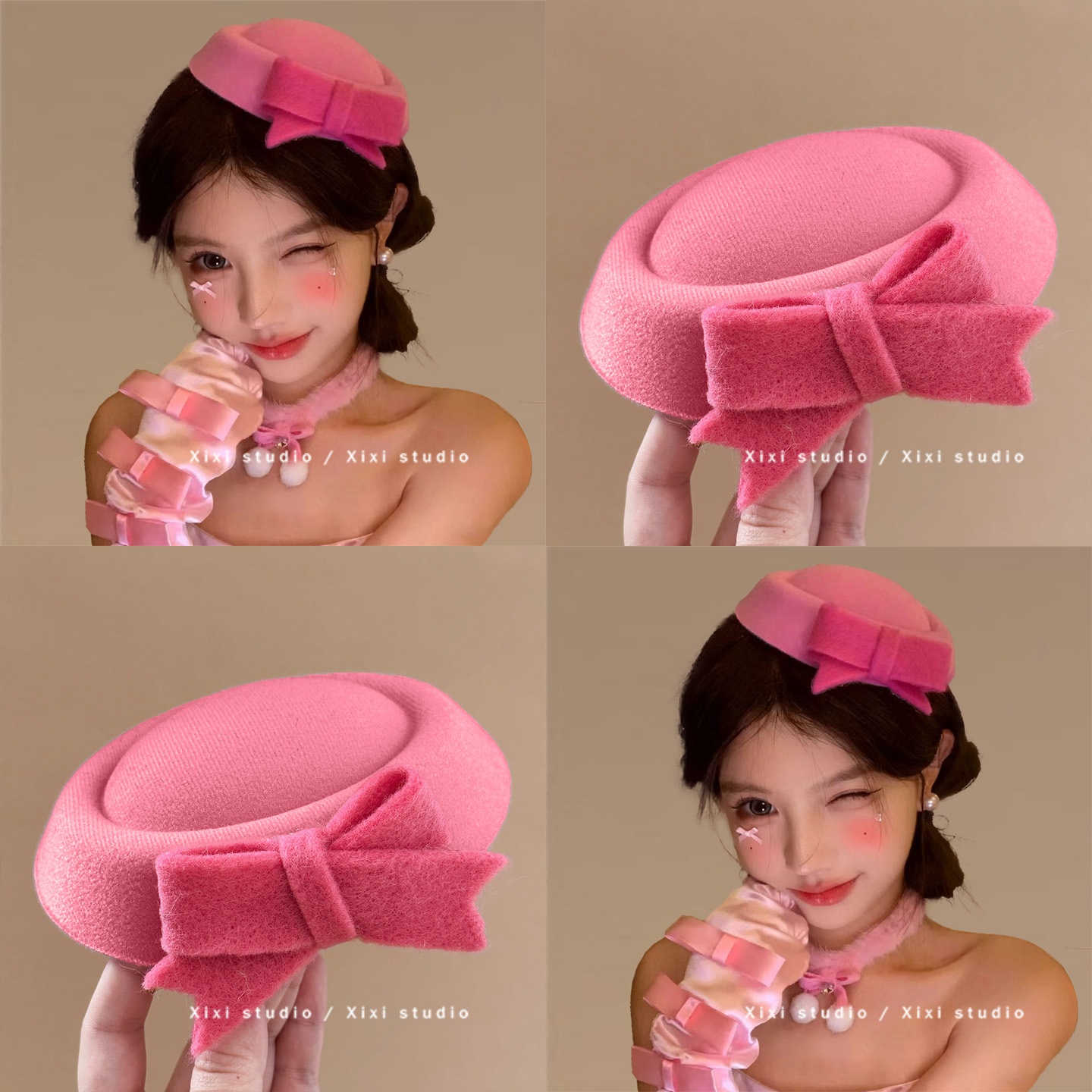 粉色蝴蝶结小礼帽发夹公主风头饰