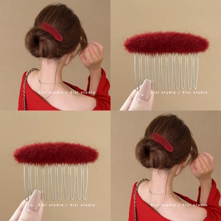 新年红色毛茸茸倒插梳发夹女碎发整理神器丸子头发卡发饰新品发梳