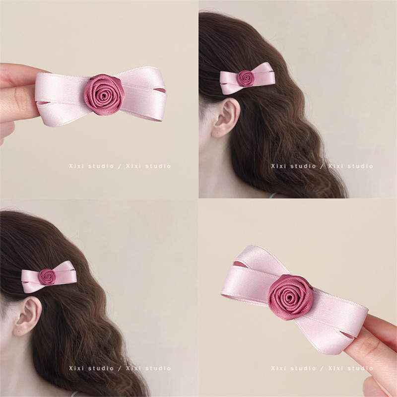 粉色花语!玫瑰蝴蝶结发夹!甜美刘海侧边夹女前额碎发夹发卡头饰