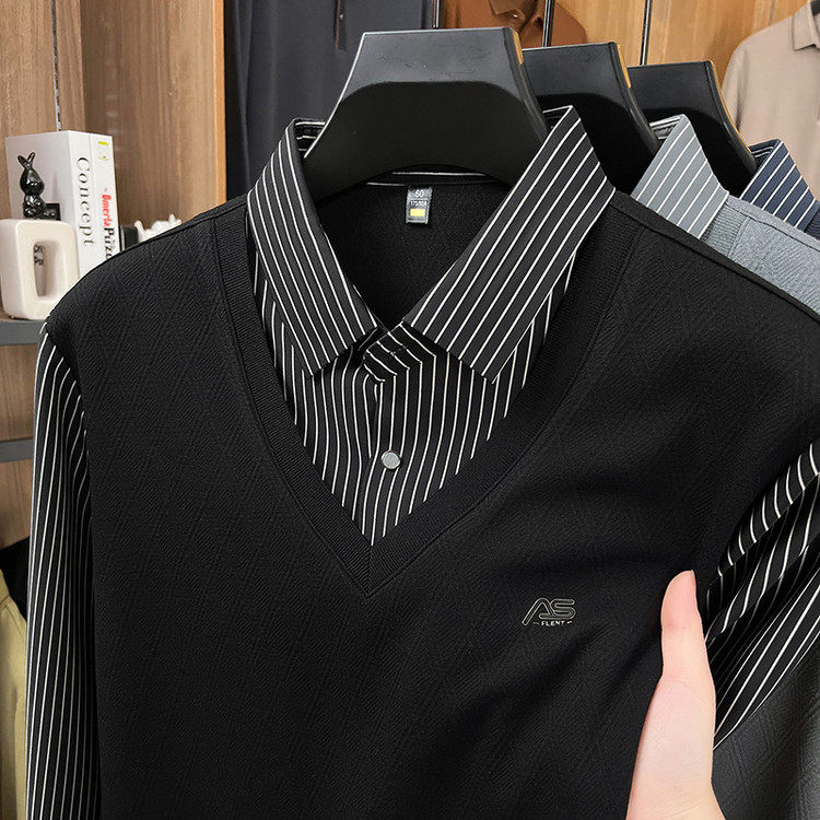 假两件衬衫男士2026新款春秋季商务休闲条纹衬衫领针织衫长袖t恤,男装,卫衣,淘宝优惠券,粉丝福利购,淘宝优惠卷