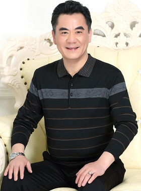 长袖t恤男爸爸装翻领春秋款中老年针织打底衫中年人纯棉薄款上衣