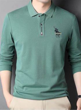 男士纯棉长袖t恤带领子白色春秋装丅宽松刺绣POLO打底衫体桖上衣