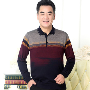 秋季薄毛衣男翻领中年爸爸装春秋款含羊毛长袖t恤男式打底针织衫