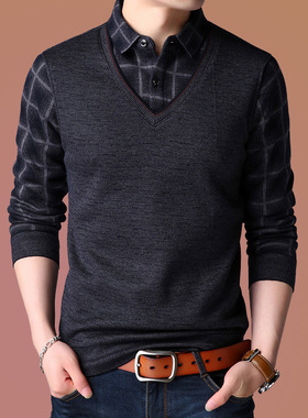 蒂恩狼爸爸长袖T恤薄款中老年打底针织衫中年男士秋装上衣假两件