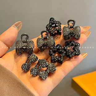 黑色气质金属水钻蝴蝶结发夹女新款迷你公主头小抓夹碎发夹子发饰