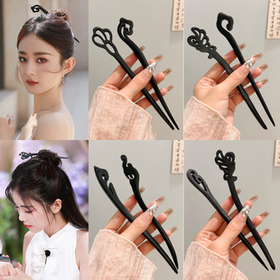 简约黑色古风发簪女新中式后脑勺盘发夹子头饰高级感檀木头饰发钗