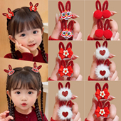 新年红色刘海小抓夹毛球醒狮蝴蝶结侧边夹发夹女儿童过年头饰发卡