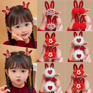 新年红色刘海小抓夹毛球醒狮蝴蝶结侧边夹发夹女儿童过年头饰发卡