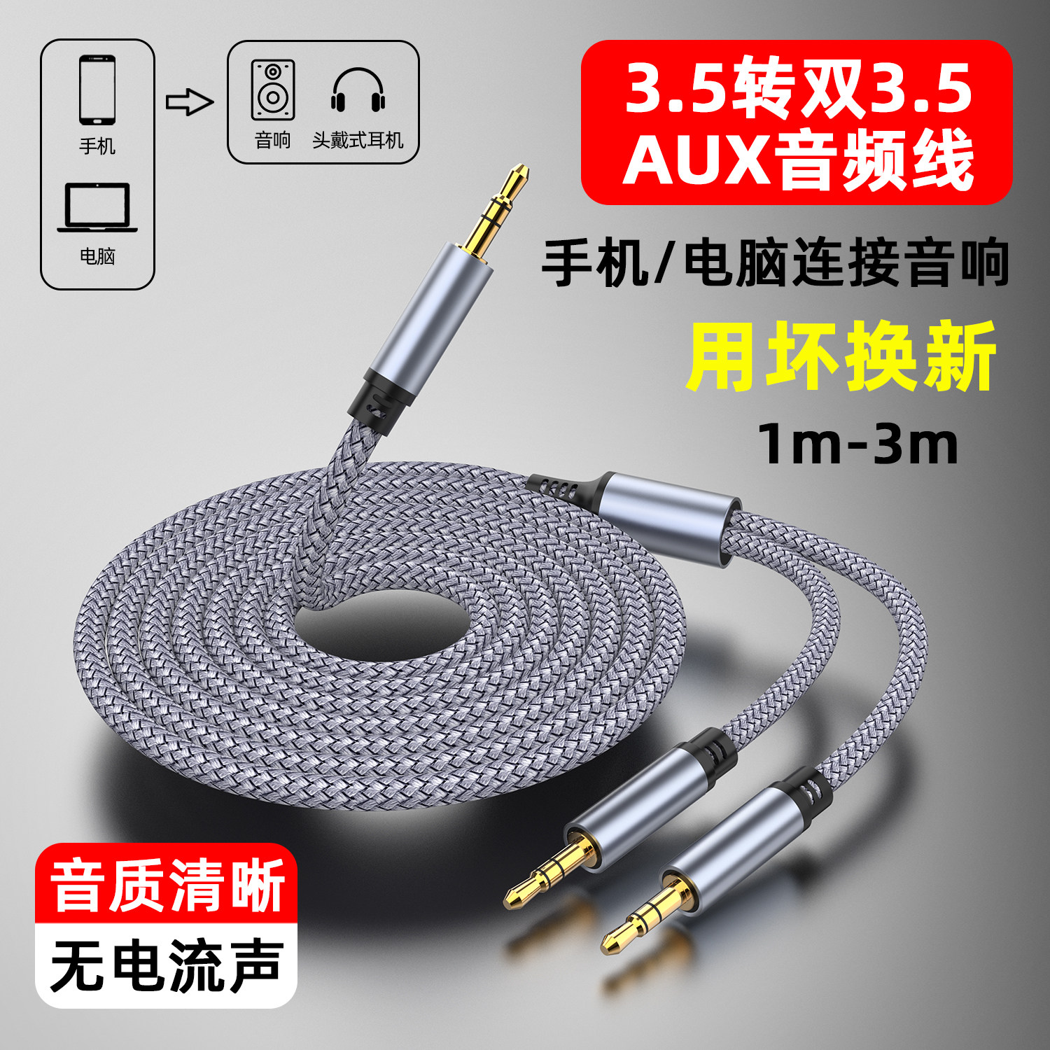 萨科雷3.5mm转双3.5公音频线一分二立体声手机电脑笔记本电视音箱双声道耳机功放音响接口AUX车载声卡伴奏线