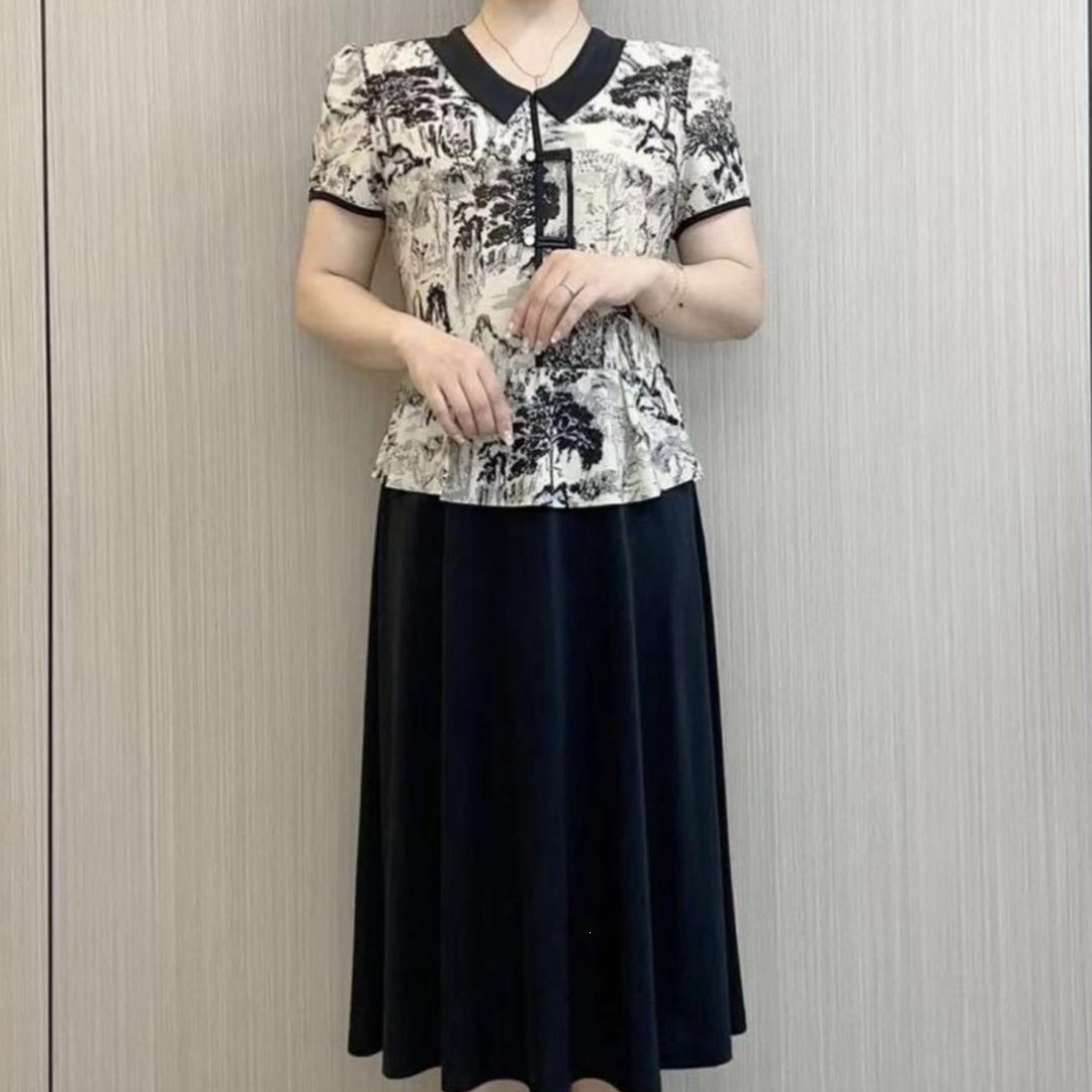 假两件娃娃领水墨印花大码弹力连衣裙夏季春游出行新款a1