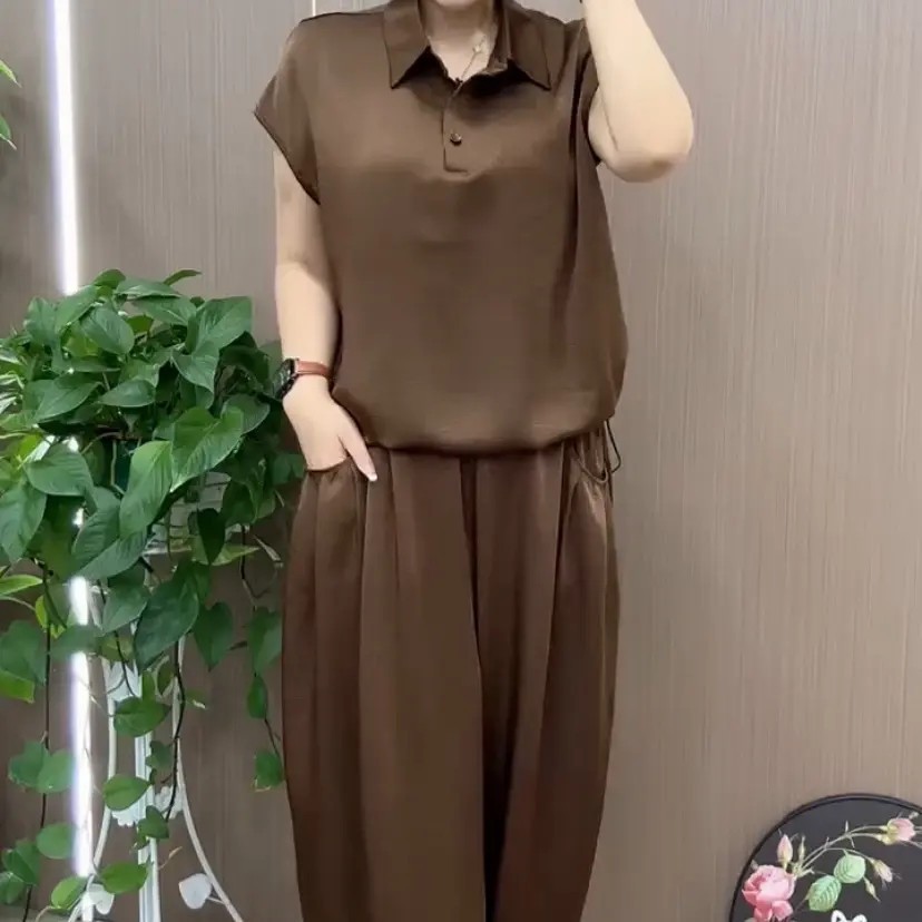 翻领暗纹短袖衬衫加裤子两件套装爆款中国风休闲洋气女装a9