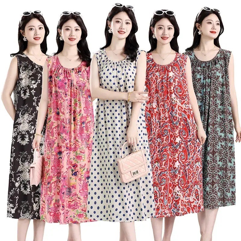 【透气凉爽】睡裙女夏季中老年妈妈睡衣宽松印花裙子绵绸家居服a1