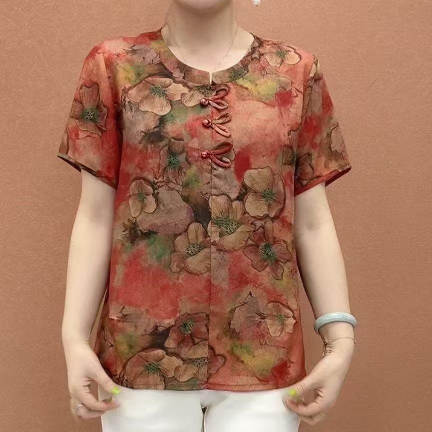 夏季新款妈妈装显瘦中式盘扣气质时尚上衣遮肉中老年T恤高档小a4