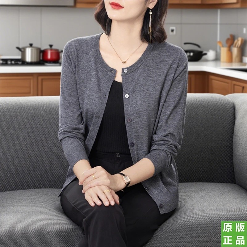明禾100纯羊毛衫开衫女春秋爆款圆领薄款外搭短款外套针织上衣a8图片