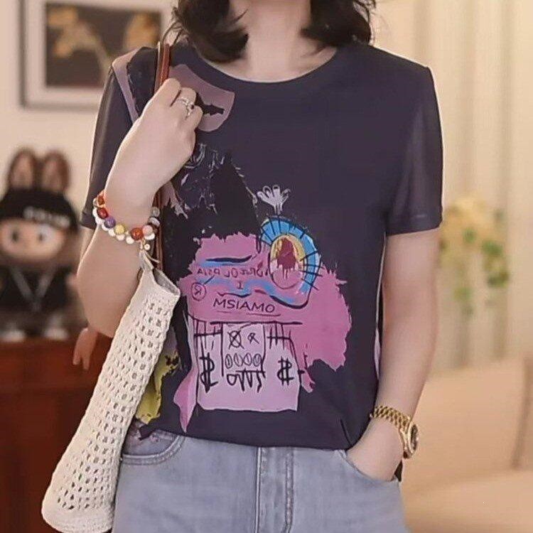 夏季新款灰色卡通印花T恤女士休闲短袖宽松显瘦减龄妈妈款上衣a5