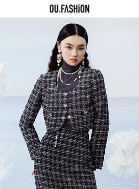 【商场同款】OU.FASHION/欧点小香风款格纹复古短外套1072340575