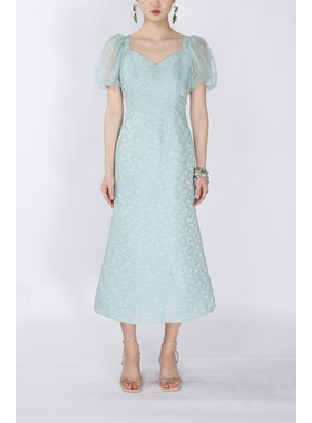 OU./欧点泡泡袖鱼尾提花料连衣裙1172320877