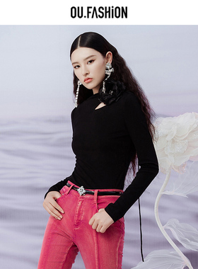 OU./欧点80S澳洲美丽奴羊毛针织镂空设计长袖上衣1032340332