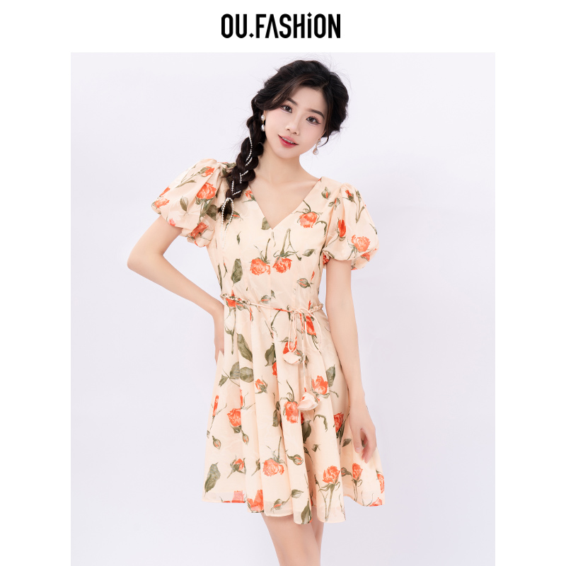 OU.FASHION/欧点玫瑰花连衣裙度假风甜美泡泡袖短裙子6122320003