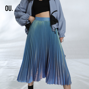 OU./欧点流光溢彩雪纺太阳褶压裥半裙1213142026