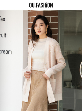 OU./欧点珠链式的钉珠点缀绵羊毛毛织外套1072440384