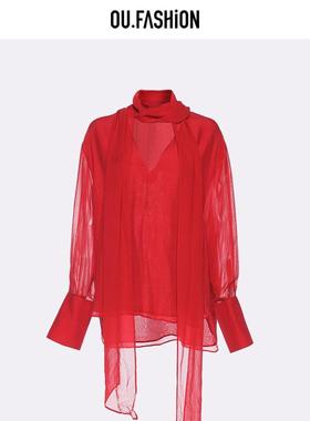 OU.FASHION/欧点飘带领设计衬衣红色桑蚕丝礼服小衫1172410347