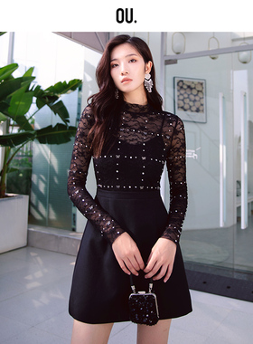 OU./欧点性感弹力蕾丝蝴蝶宝石烫钻工艺连衣裙1122240395