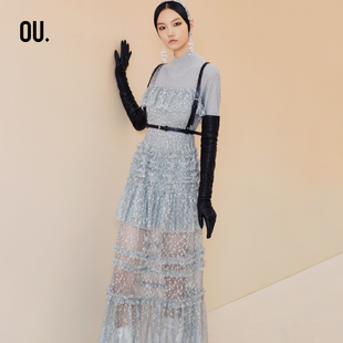 腰带 配送打底毛织裙 欧点城堡花卉蕾丝连衣裙1122140654 OU.