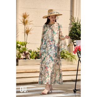 OU. 欧点宽松剪裁和度假风设计真丝连衣裙1122520243