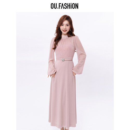 OU.FASHION/欧点法式立领气质连衣裙设计感收腰长裙子6122230414