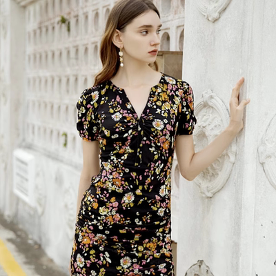 OU./欧点修身包臀V领设计高弹原印花网布两面穿连衣裙1122420246