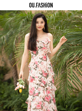 OU.FASHION/欧点印花蛋糕吊带连衣裙6122420126