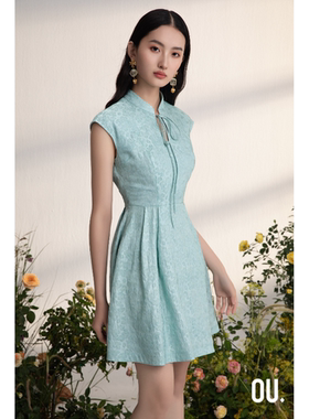 OU./欧点亚麻桑蚕丝提花短袖连衣裙1172320878