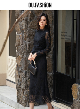 OU./欧点经典收腰小A摆长款蕾丝连衣裙1122440048