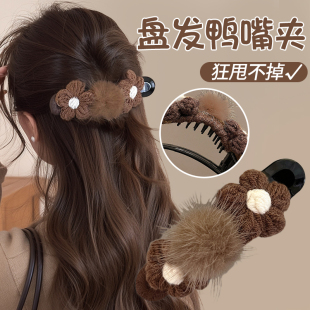 秋冬发夹女针织花朵毛球鸭嘴夹半扎一字夹子鲨鱼夹安全替代品头饰
