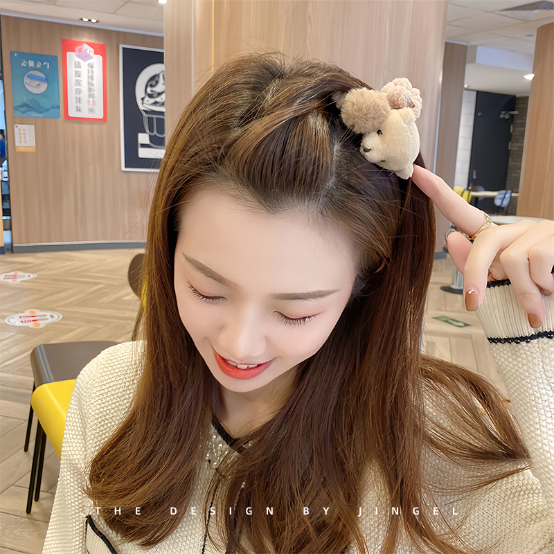 秋冬毛绒可爱小熊抓夹~盘发稳固