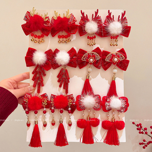 新年儿童蝴蝶结发夹过年头饰古风汉服发卡女童中国风红色夹子发饰