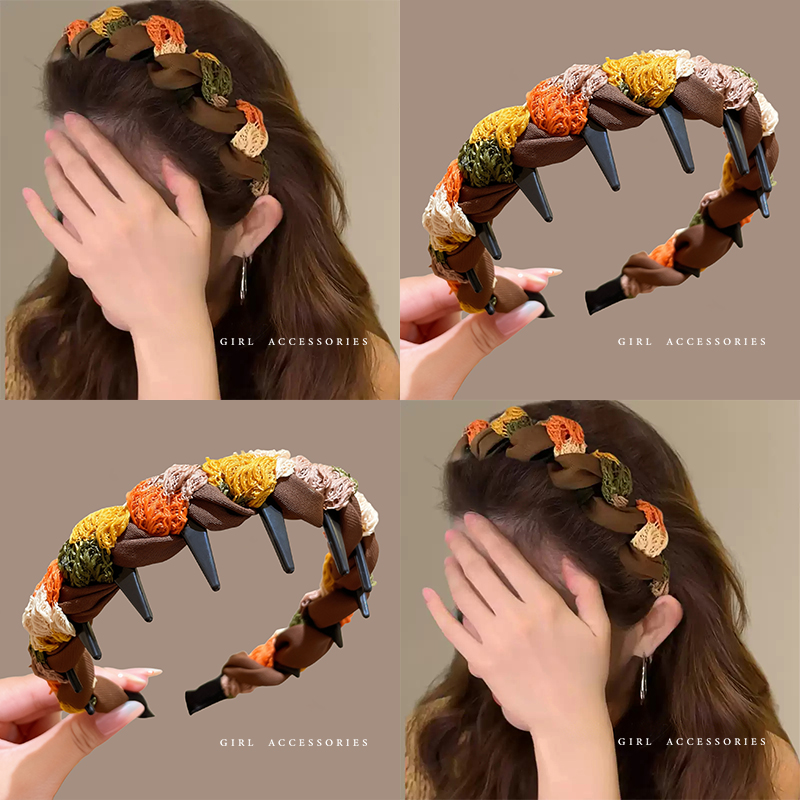 秋冬复古拼色布艺缠绕带齿发箍