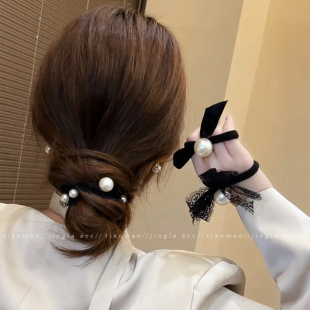 珍珠黑色蕾丝花边发圈女2025新款 高弹力耐用头绳扎高马尾发绳头饰