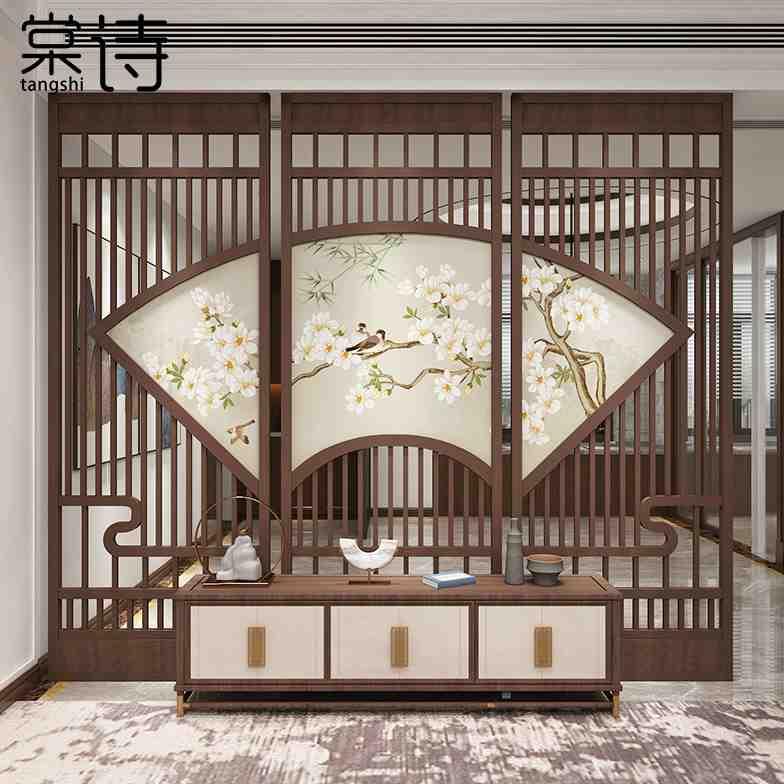 现代中式实木大气稳厚扇形联屏隔断墙隔断会所客厅书房花鸟大屏风