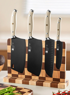 James.F黑色套刀配棋盘格双面磁铁刀架5件套不锈钢切菜刀刀架组合