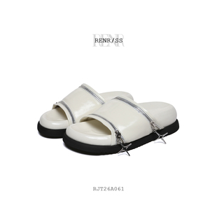 女士饰扣拉链厚底真皮夏日沙滩一字拖鞋 RENR罗尔纳莉2024新款