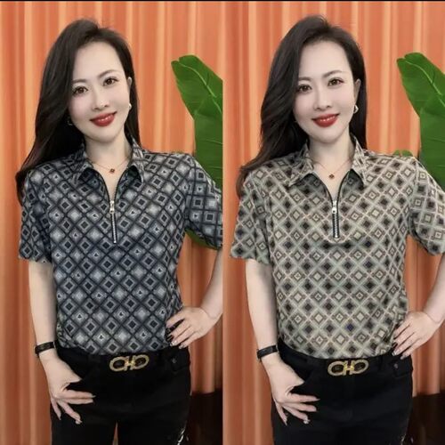 蓝禾男装菱形半拉链衬衫总裁同款男士修身收腰短袖专柜品牌上衣a7