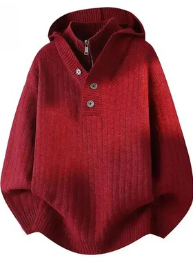 耀月欧服装店红色假两件连帽毛衣男冬季慵懒毛线衣本命年针织a69