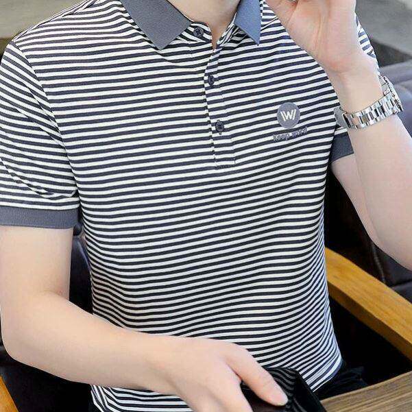 @点击率男装薄款条纹立领衬衫男时尚百搭短袖T恤刺绣上衣POLO衫a4