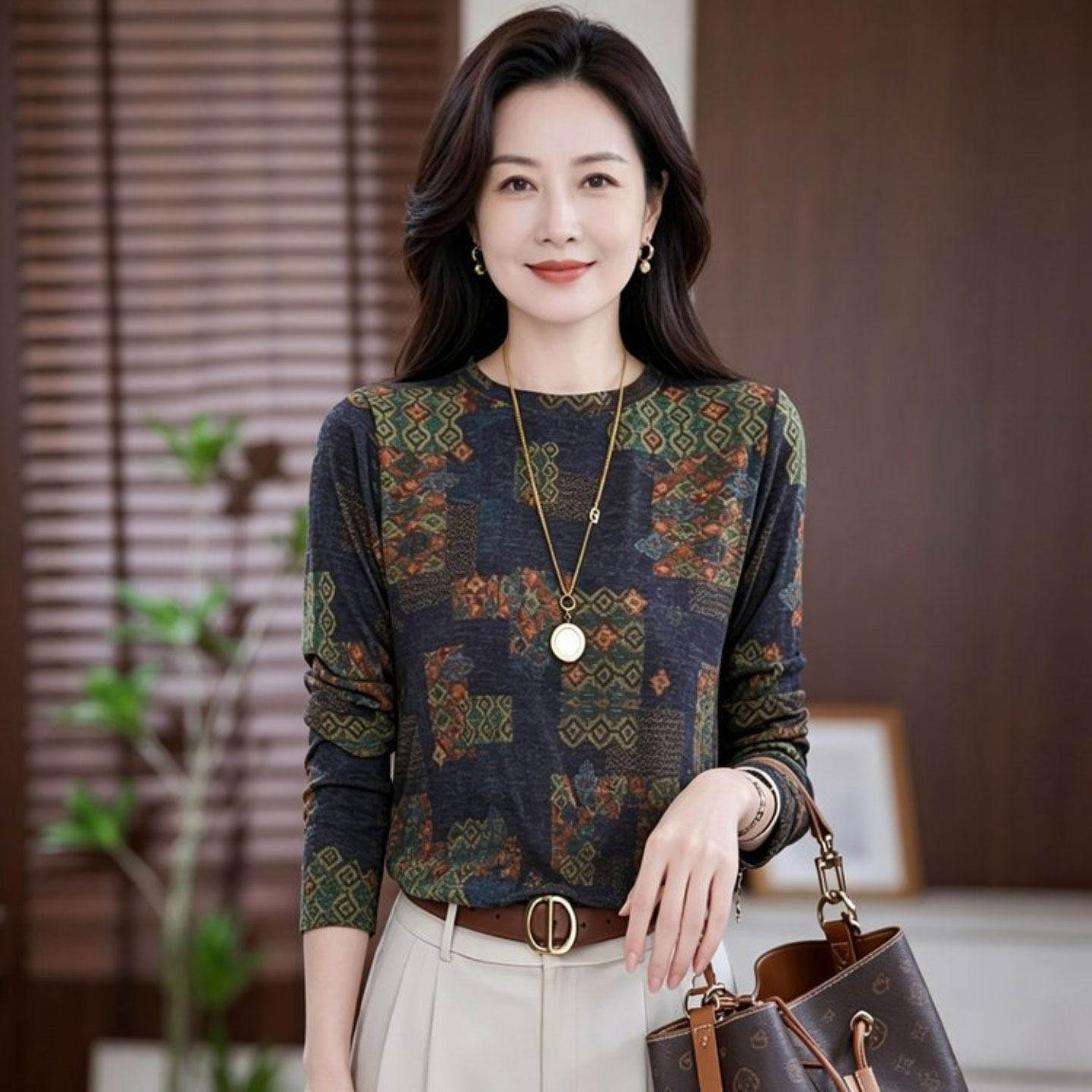 名佳怡优选女装复古印花长袖打底衫女款秋冬软糯显瘦内搭圆领上a7