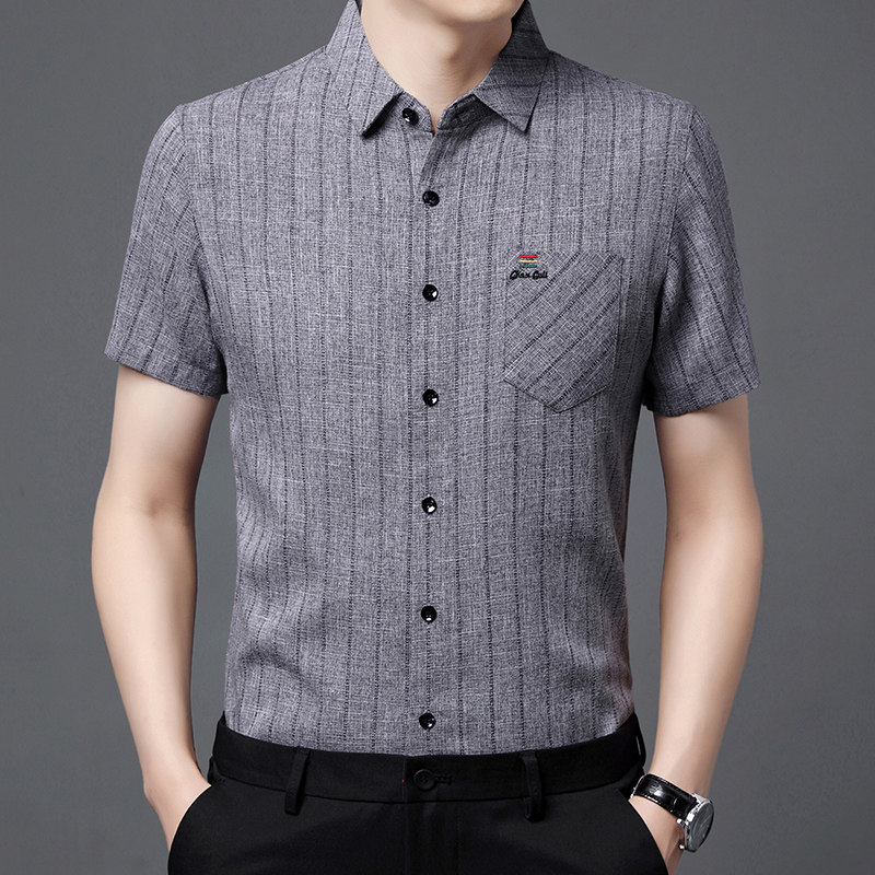 南屏男装高档轻奢男士短袖衬衫2026夏季新款亚麻刺绣衬衣百搭a05